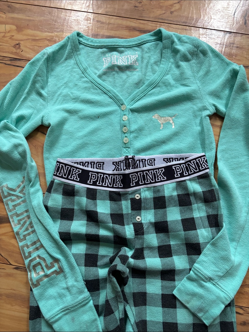 PINK Victoria's Secret Aqua Thermal Henley Top & Plaid Pajama Pants Set